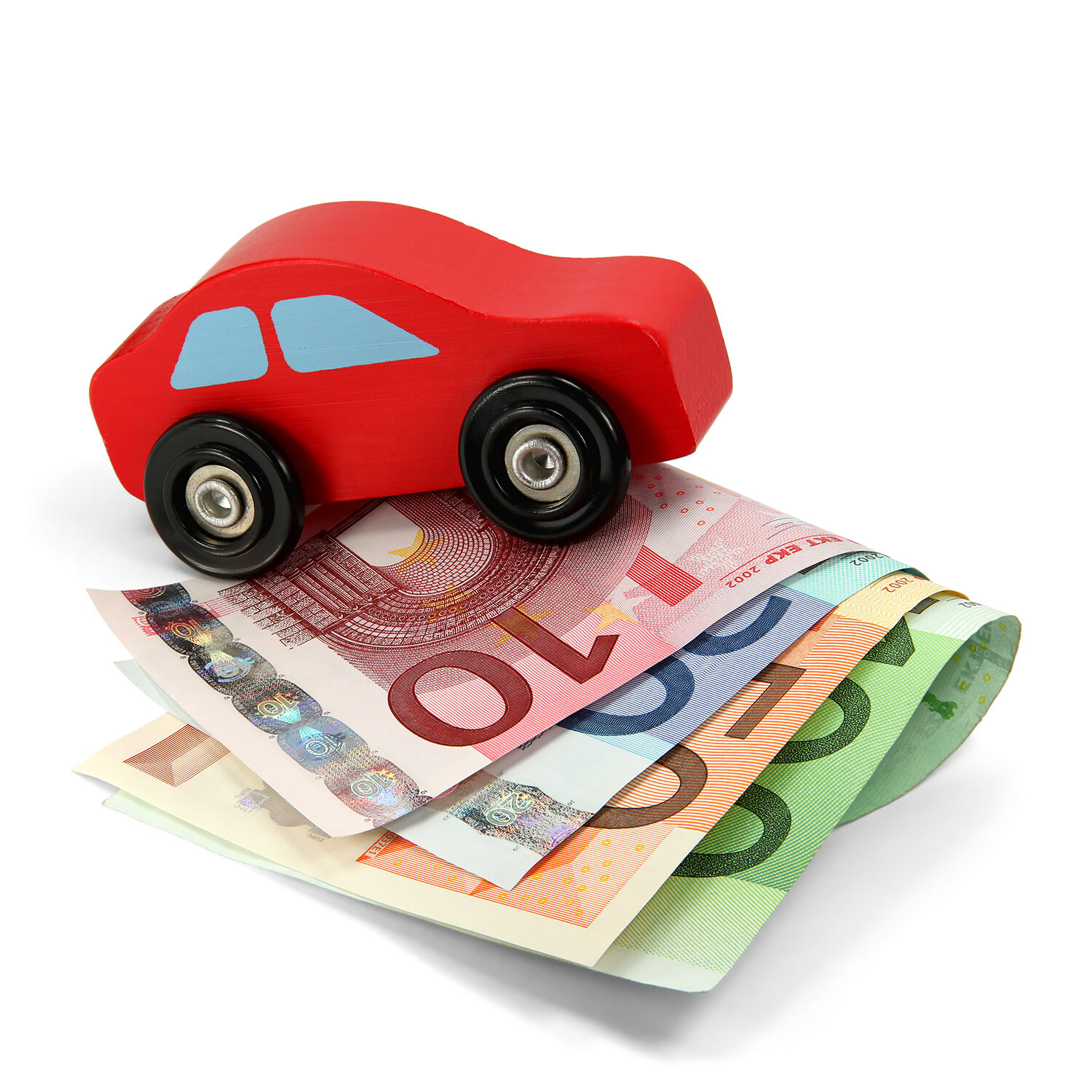 Rotes Holzauto auf Euroscheinen 01